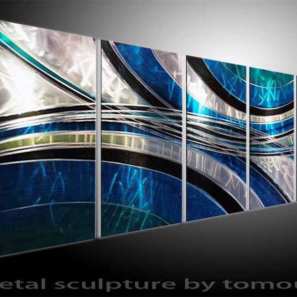 May include: Abstract metal wall art sculpture with a blue, silver and black colour scheme. The sculpture is made up of multiple panels that are joined together.