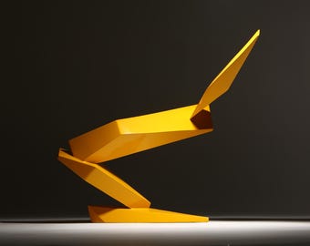 Yellow Abstract Painted Carbon Steel Sculpture, Modern Geometric Art, Flight of Angles