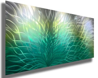 Abstract Green Flow Aluminum Wall Art  Contemporary Home Décor Reflective  Metal Wall Decor