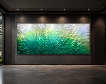 Large Green Aluminum Wall Sculpture, Hand-Textured Reflective Metal Art for Modern Interiors