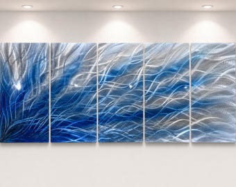 Large Blue Metal Wall Art, Hand-Textured Silver Aluminum Wave Sculpture