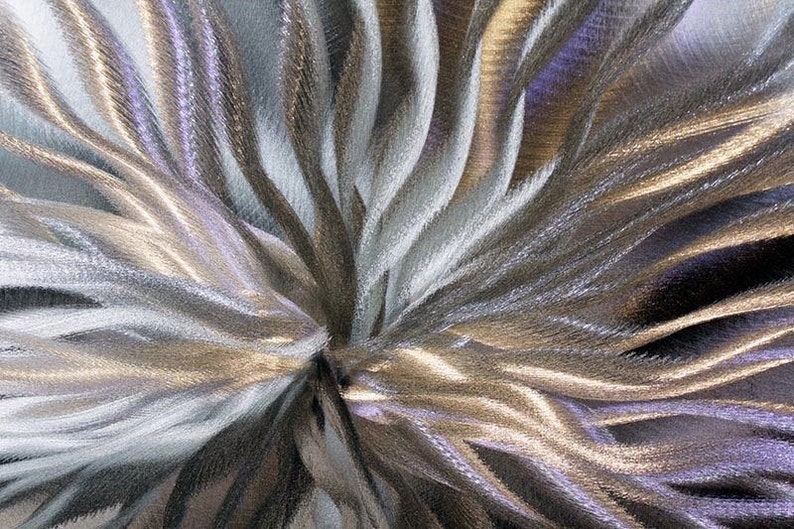 May include: Abstract background with a swirling pattern of silver and gold metallic lines.