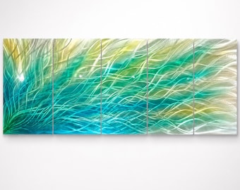Teal Green Abstract Metal Wall Art, Hand-Textured 5-Panel Aluminum Sculpture