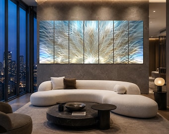 Extra Large Metal Wall Sculpture, 105 Inch Hand-Textured Aluminum Wall Art, Oversized Silver Blue Gold Abstract 7 Panel Statement Artwork