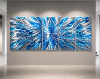 Large Metal Wall Art, Abstract Blue Silver Aluminum Sculpture, Modern Contemporary Wall Decor