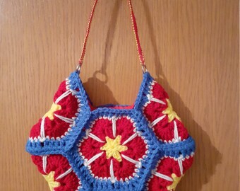 Crocheted Small Hexagon Flowered Hand Bag with Macrame Handle