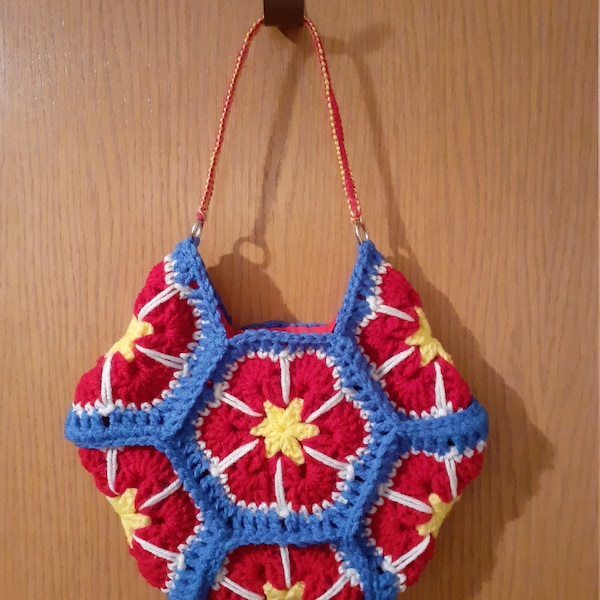 Crocheted Small Hexagon Flowered Hand Bag with Macrame Handle