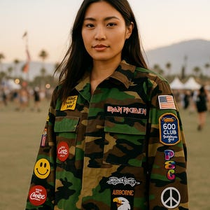 May include: A camouflage print button-up jacket featuring various embroidered patches including an Iron Maiden logo, an American flag, a peace sign, a smiley face, an eagle, and text patches reading Have Must Bay, 600 Club, and Peace.