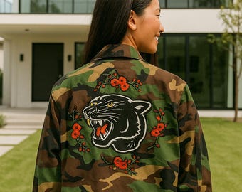 Upcycled Vintage Camo Jacket with Patches Embroidered Panther Size S Unisex