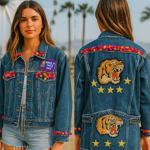 Rainbow Roar – Reworked Jean Jacket | KodChaPhorn x Miss Boba / Reworked Vintage Acid Wash Jean Jacket with Patches Women Size M
