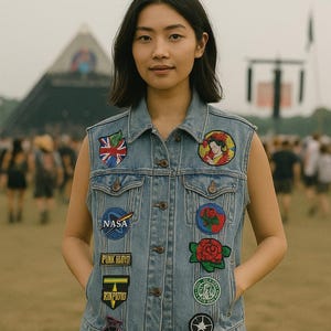 Chaleco vaquero vintage rediseñado: chaqueta de festival con parches a mano - Talla S + fondo de pantalla digital