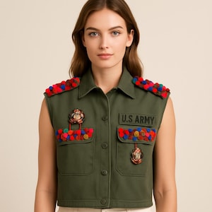 Minimalist Reworked Military Vest – Hand-Embroidered Pom Pom Details | Upcycled Army Jacket by KodChaPhorn Studio size S
