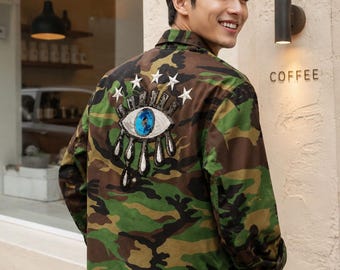 Upcycled Vintage Camo Jacket with Eye Patch | Reworked Military Style Studded Unisex (Size S)