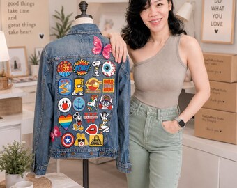 Upcycled Vintage Jean Jacket: Pop Culture Patches, Reworked Denim, Women's Size S (Digital Wallpaper)