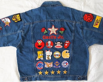 Upcycled Jacket with Patches / Reworked Vintage Jean Jacket with Patches Men Size XL Unisex Adult