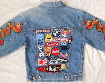 Upcycled Jacket with Patches / Reworked Vintage Jean Jacket with Patches Women Size Medium