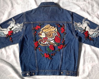 Unicorn and Tiger Jean Jacket / Upcycled Vintage Jean Jacket with Patches / Reworked Vintage Jean Jacket with Patches Women Size L