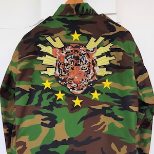 Reworked Vintage Camo Jacket: Hand-Embroidered Tiger, Patches, Silver Spikes - Size L