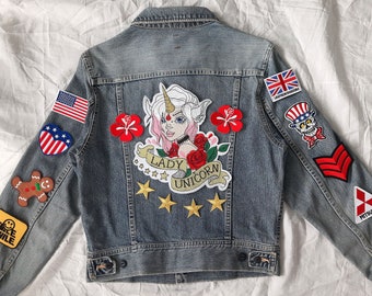 Upcycled Jean Jacket with Patches / Reworked Vintage Jean Jacket with Patches Women Size S