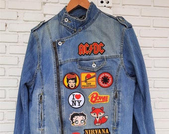 Upcycled Biker Denim Jacket with Patches / Reworked Vintage Biker Denim Jacket with Patches Men Size XL Unisex Adult