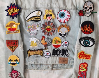 Upcycled Vintage Denim Jacket with Patches / Reworked Vintage Denim Jacket with Patches Women Size M