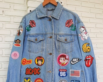 Upcycled Biker Denim Jacket With Patches / Reworked Vintage Biker Denim  Jacket With Patches Men Size XL Unisex Adult 