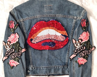 Upcycled Vintage Crop Jean Jacket with Patches / Reworked Vintage Crop Jean Jacket with Patches Women Size S