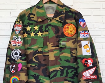 Upcycled Camo Jacket With Patches Reworked Vintage Military Camouflaged Jacket With Patches Men Size L Unisex Adult Etsy