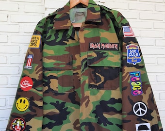 Upcycled Camo Jacket with Patches / Reworked Vintage Camo Jacket with Patches Men Size L Unisex Adult
