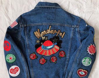 Patched Denim / Upcycled Jacket with Patches / Reworked Vintage Jean Jacket with Patches Women Size M