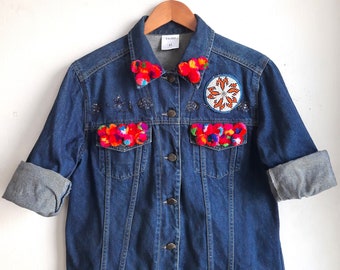 Reworked Pom Pom Vintage Dark Jean Jacket / Upcycled Vintage Dark Jean Jacket with Pom Pom Women Size: M