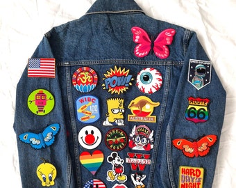 Upcycled Vintage Jean Jacket with Patches / Reworked Vintage Jean Jacket with Patches Women Size L