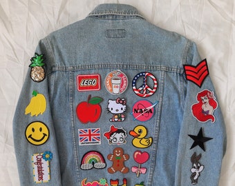 Upcycled Jean Jacket with Patches / Reworked Vintage Jean Jacket with Patches Women Size S