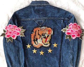 Upcycled Vintage Acid Wash Jean Jacket with Patches / Reworked Vintage Acid Wash Jean Jacket with Patches Women Size M