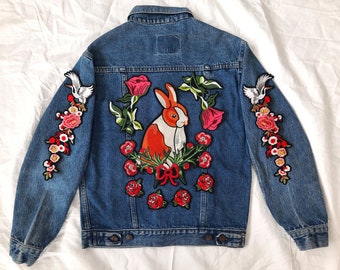 Rabbit and Flowers Jean Jacket / Hand Reworked Vintage Jean Jacket with Patches / Upcycled Jean Jacket with Patches Women Size: M