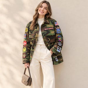 Reworked Vintage Camo Jacket: Patches Military Style, Upcycled Unisex (Digital Wallpaper)