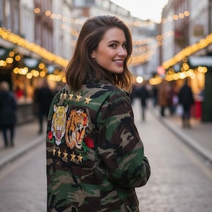 Reworked Camo Jacket: Embroidered Tiger Patches, Upcycled Military Style Size L Unisex + Digital Wallpaper