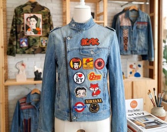 Upcycled Biker Denim Jacket XL Unisex : Retro Rock Band Patches, Reworked Vintage + Digital Wallpaper