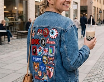 Reworked Vintage Jean Jacket: Hand-Sewn Patches, Upcycled Denim (Size S Unisex) (Digital Wallpaper)
