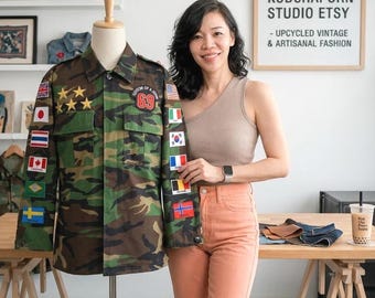 Upcycled Camo Jacket with International Flag Patches & Gold Stars - Size S Unisex