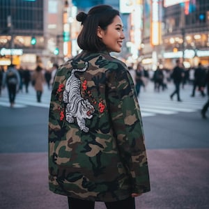 Upcycled Camo Jacket: White Tiger & Cherry Blossom Embroidery, Size L Unisex