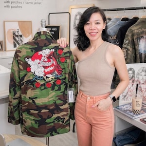 Upcycled Vintage M-65 Camo Field Jacket | Japanese Koi Fish Embroidery & Rock Patches | Unisex Size L + Free Digital Wallpaper