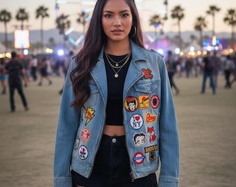 Upcycled Biker Denim Jacket XL Unisex : Retro Rock Band