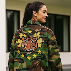 Reworked Vintage Camo Jacket: Hand-Embroidered Tiger, Patches, Silver Spikes - Size L Unisex + Digital Wallpaper