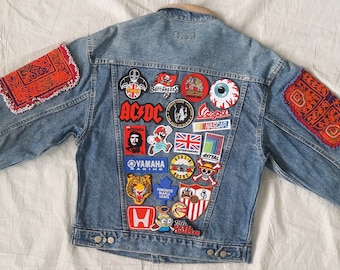Upcycled Jacket with Patches / Reworked Vintage Jean Jacket Leather Collar with Patches Men Size S
