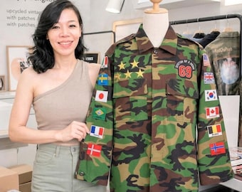 Upcycled Vintage Camo Jacket with Flag Patches | Reworked Military Style Unisex M