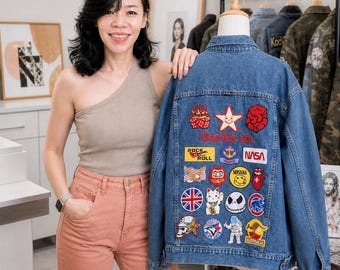 Vintage Patched Denim Jacket: One-of-a-Kind Upcycled Jean, XL Unisex + Digital Wallpaper
