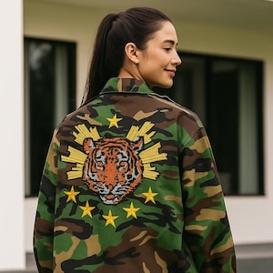 Reworked Vintage Camo Jacket: Hand-Embroidered Tiger, Patches, Silver Spikes - Size L Unisex + Digital Wallpaper