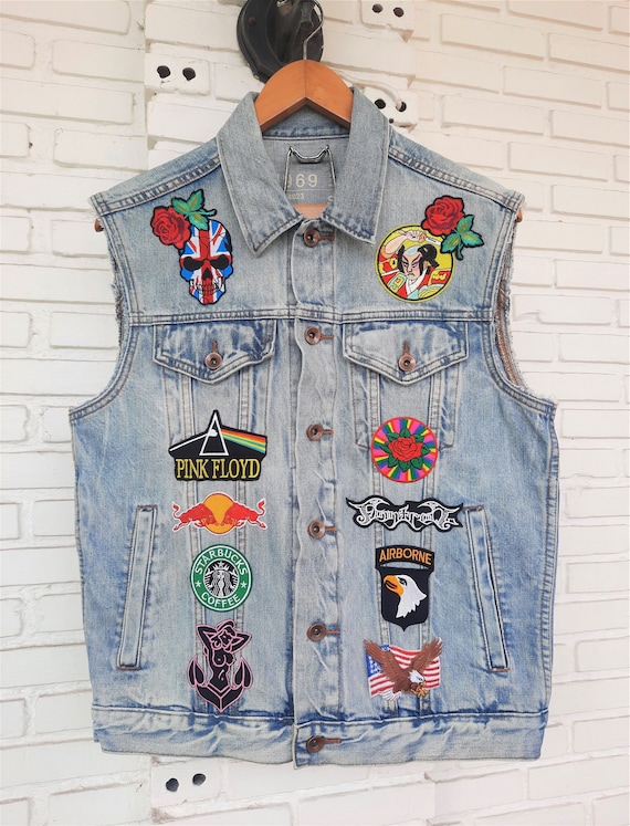 Upcycled Vest With Patches / Reworked Vintage Cut off Jean Vest With Patches  Men Size S Unisex Adult 