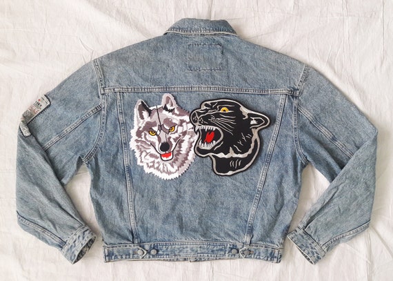 Patched Denim Jacket / Upcycled Jean Jacket with Patches / | Etsy